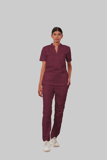 Stretchable (4Way) Women Burgundy Mandarin Neck With Straight Pant Scrub Scrub Set
