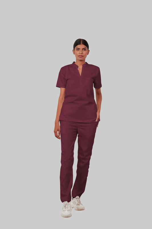 Stretchable (4Way) Women Burgundy Mandarin Neck With Straight Pant Scrub Scrub Set
