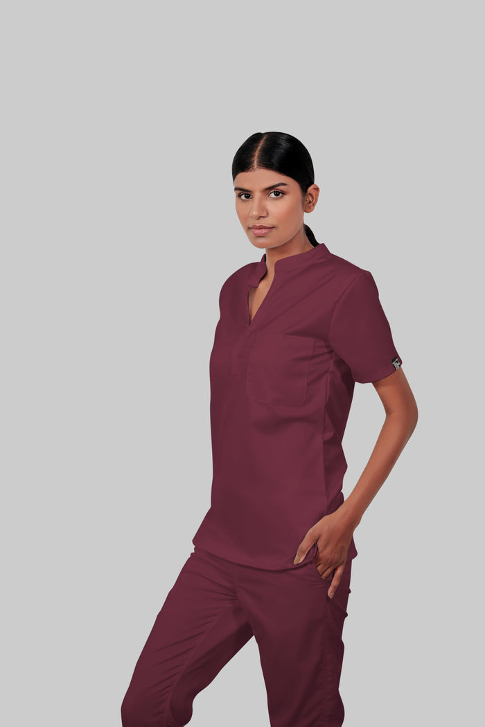 Stretchable (4Way) Women Burgundy Mandarin Neck With Straight Pant Scrub Scrub Set