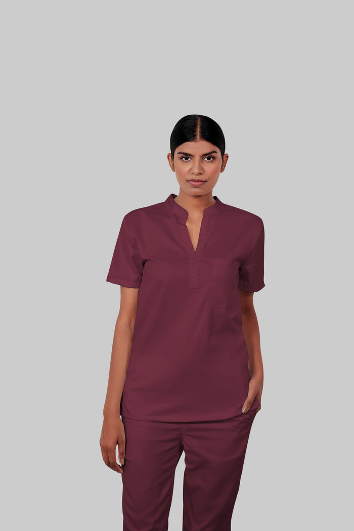 Stretchable (4Way) Women Burgundy Mandarin Neck With Straight Pant Scrub Scrub Set