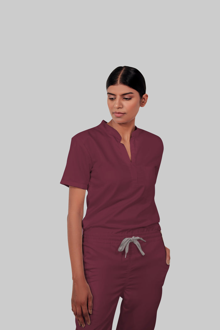 Stretchable (4Way) Women Burgundy Mandarin Neck With Straight Pant Scrub Scrub Set
