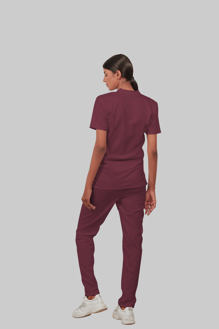 Stretchable (4Way) Women Burgundy Mandarin Neck With Straight Pant Scrub Scrub Set