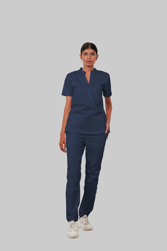 Stretchable (4Way) Women Navy Blue Mandarin Neck With Straight Pant Scrub Set