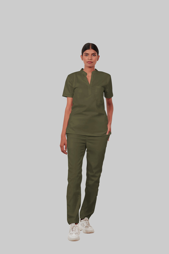 Stretchable (4Way) Women Olive Green Mandarin Neck With Straight Pant Scrub Set