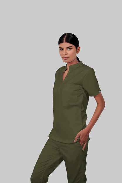 Stretchable (4Way) Women Olive Green Mandarin Neck With Straight Pant Scrub Set