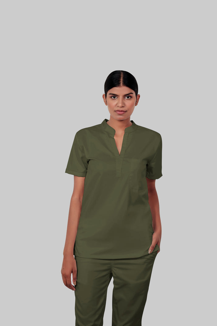 Stretchable (4Way) Women Olive Green Mandarin Neck With Straight Pant Scrub Set
