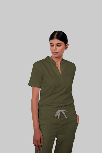 Stretchable (4Way) Women Olive Green Mandarin Neck With Straight Pant Scrub Set