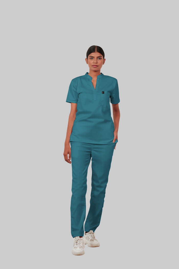 Stretchable (4Way) Women Peacock Blue Mandarin Neck With Straight Pant Scrub Set