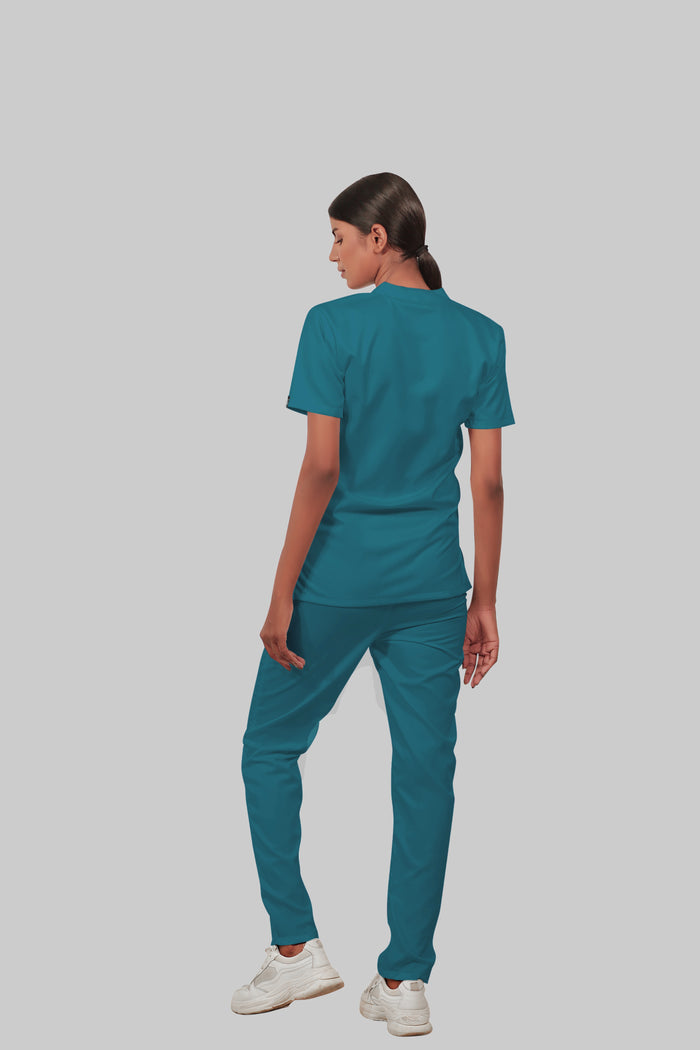 Stretchable (4Way) Women Peacock Blue Mandarin Neck With Straight Pant Scrub Set
