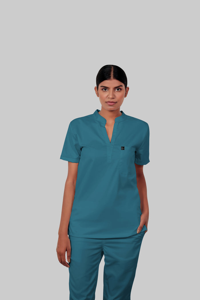 Stretchable (4Way) Women Peacock Blue Mandarin Neck With Straight Pant Scrub Set