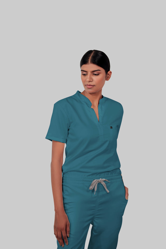 Stretchable (4Way) Women Peacock Blue Mandarin Neck With Straight Pant Scrub Set