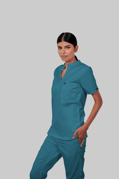 Stretchable (4Way) Women Peacock Blue Mandarin Neck With Straight Pant Scrub Set