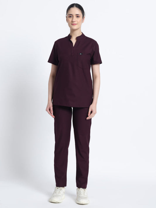Stretchable (4Way) Women Wine Mandarin Neck With Straight Pant Scrub Set