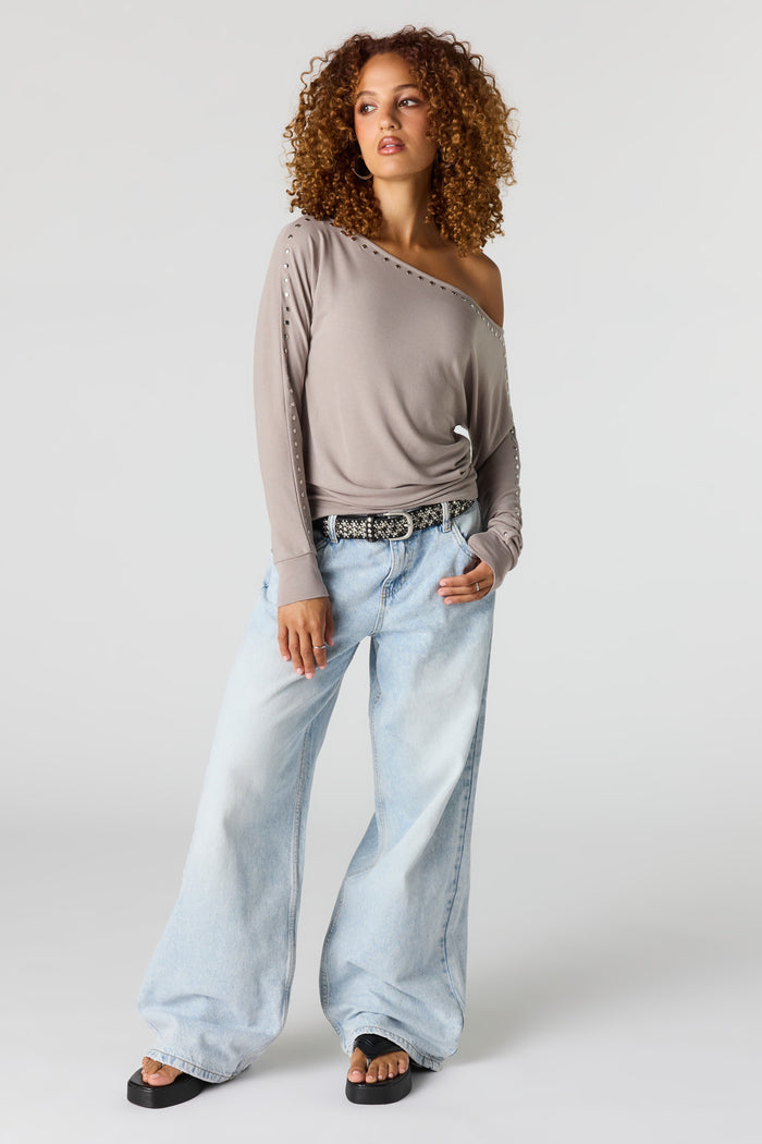 Studded Boatneck Long Sleeve Top