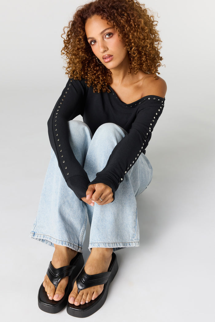 Studded Boatneck Long Sleeve Top