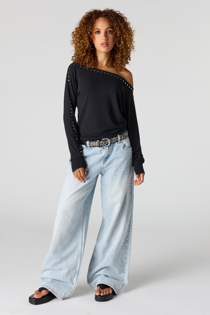 Studded Boatneck Long Sleeve Top