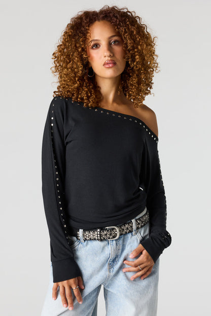 Studded Boatneck Long Sleeve Top