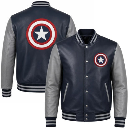 Navy and gray varsity jacket with Captain America emblem on a white background