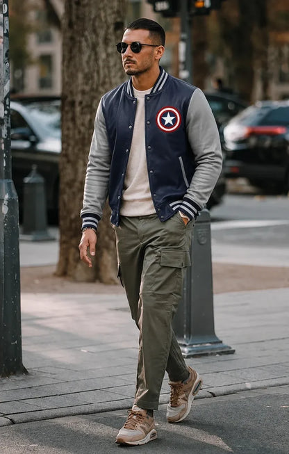 Man wearing a navy bomber jacket with a Captain America logo, gray sweater, beige pants, and brown shoes on a city street.