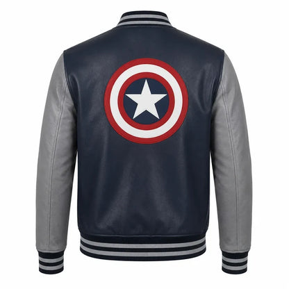 Jacket with Captain America logo on the back against a white background