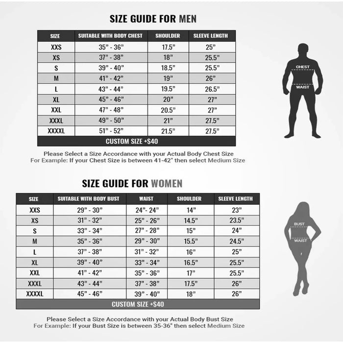 Size guide for men and women with body measurements on a white background