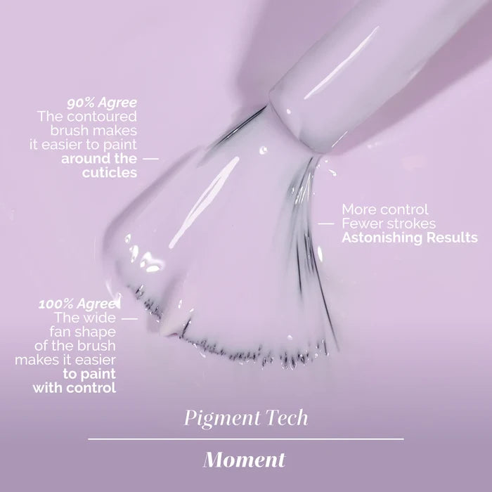 A close-up of LONDONTOWN's Sweet Dreams wide, contoured brush applying soothing pale lavender polish, with text highlighting its ease of use, control, and precise application.
