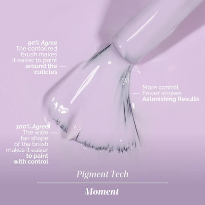 A close-up of LONDONTOWN's Sweet Dreams wide, contoured brush applying soothing pale lavender polish, with text highlighting its ease of use, control, and precise application.