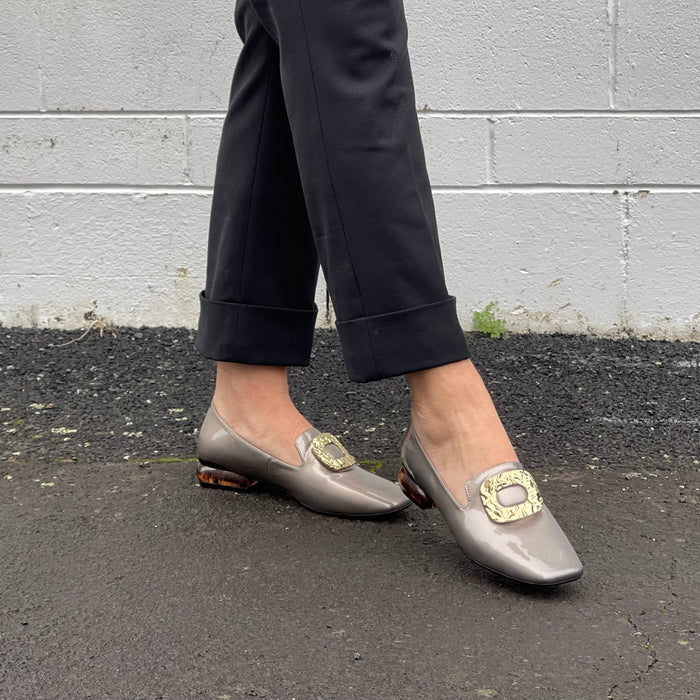 Patent leather, loafer, Tran seasonal, gold accents, fashion shoe, Smart casual ballet flat.