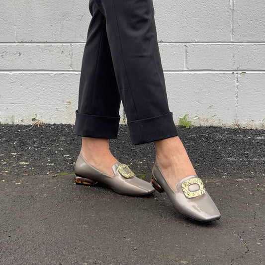 Patent leather, loafer, Tran seasonal, gold accents, fashion shoe, Smart casual ballet flat.