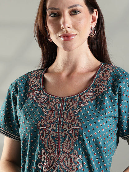 100% pure cotton embroidery nighty for women in teal