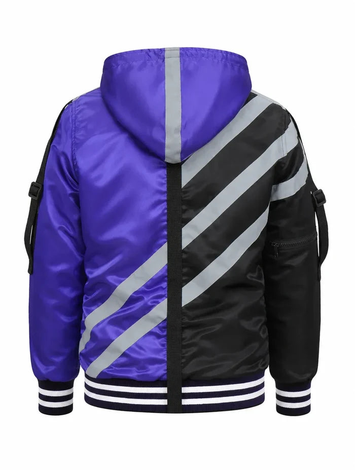 Purple and black jacket with reflective stripes on a white background