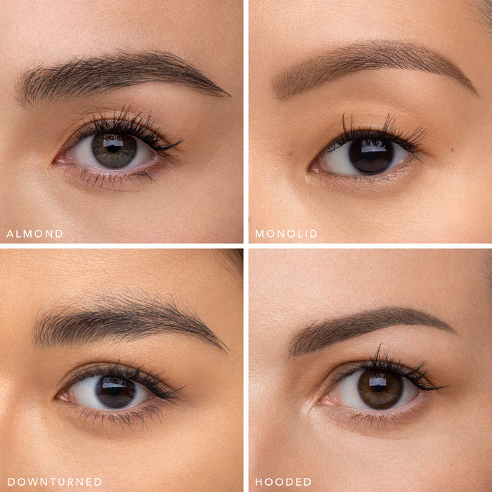 Close up collage showing almond monolid downturned and hooded eye shapes to illustrate lash looks.