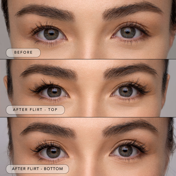 Close-up of eyes showing natural lashes for The Flirt daily lash routine before shot.