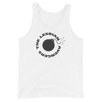 White tank top with black The Lesbian  Avengers and bomb graphic on a white background
