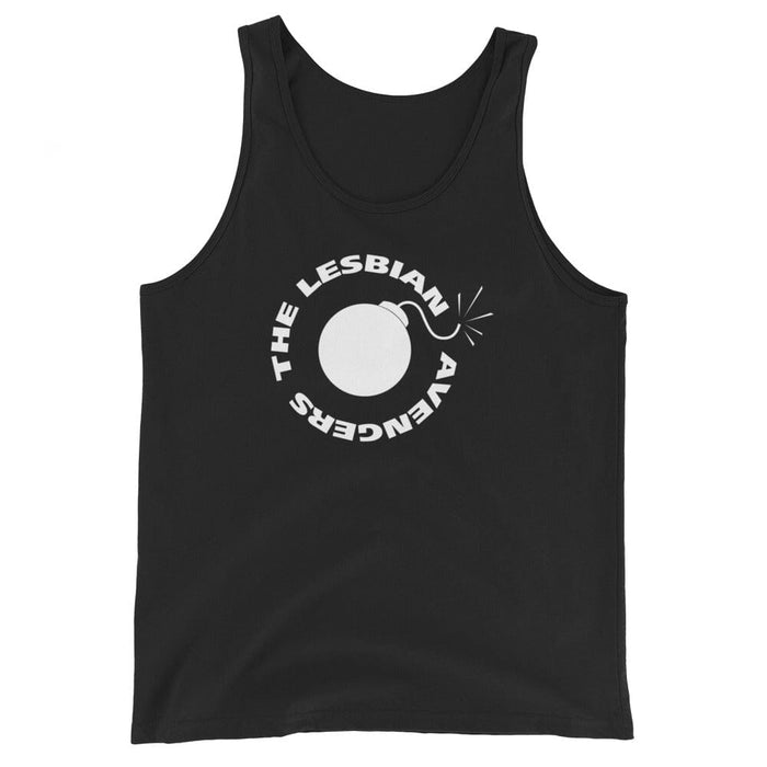 Black tank top with white The Lesbian  Avengers and bomb graphic on a white background