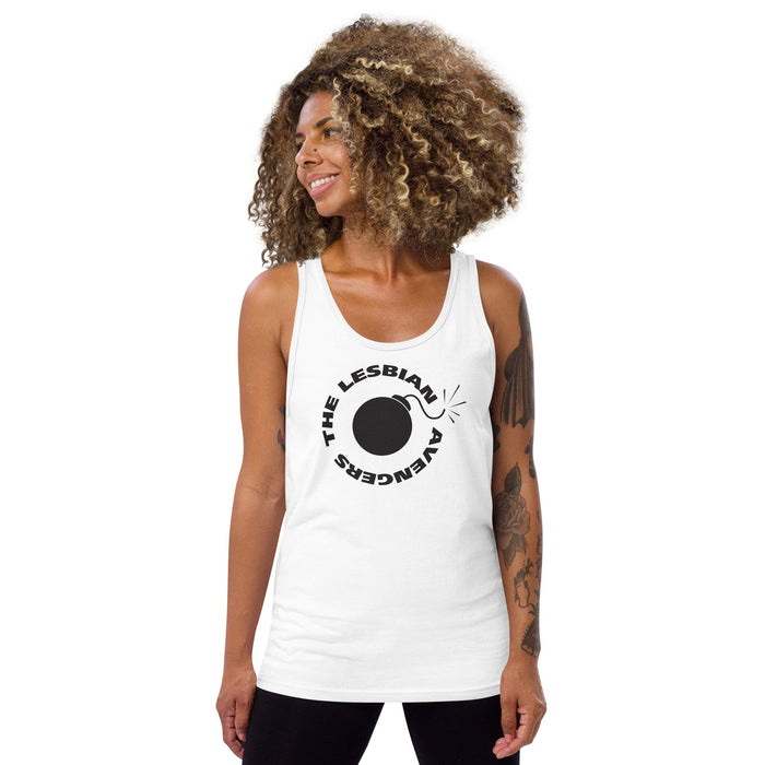 Woman wearing a white tank top with a black The Lesbian  Avengers and bomb graphic on a white background