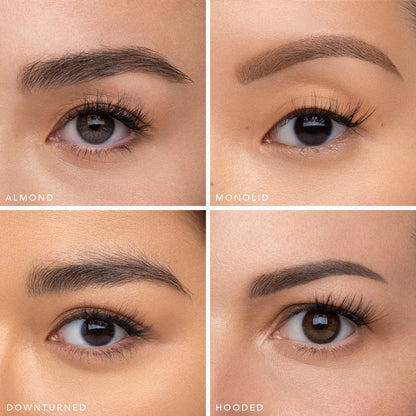 Collage of four eye closeups showing lash styles for almond monolid downturned and hooded eyes from The Muse daily lash routine set