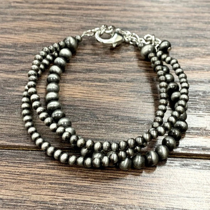 Three Strand Adjustable Navajo Inspired Pearl Bracelet in Silver