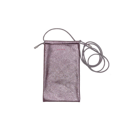 Sparkly lavender crossbody phone pouch with top handle and adjustable strap