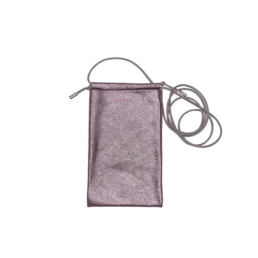 Sparkly lavender crossbody phone pouch with top handle and adjustable strap
