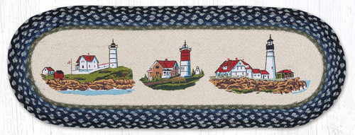 Table runner with lighthouse design in blue and tan colored jute braids