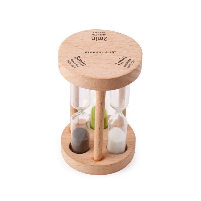 Wooden tea timer with glass hourglass and three sand chambers