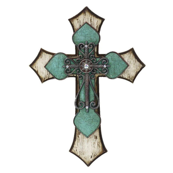 Triple-Layer Turquoise Cross Wall Decor w/ Metal Scrollwork Wall Decor