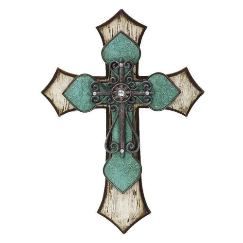 Triple-Layer Turquoise Cross Wall Decor w/ Metal Scrollwork Wall Decor
