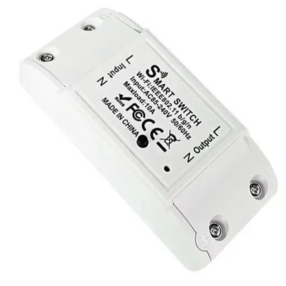 Smart switch device with printed technical specifications and connection terminals.