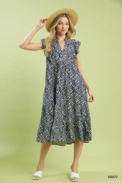 Umgee Leaf Print Tiered Midi Dress