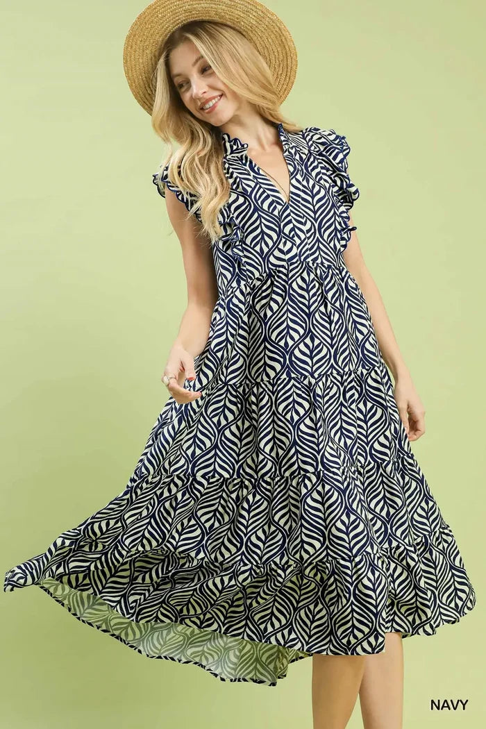 Umgee Leaf Print Tiered Midi Dress