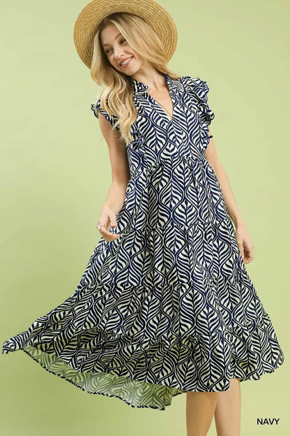 Umgee Leaf Print Tiered Midi Dress