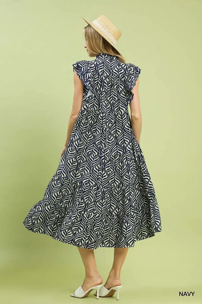 Umgee Leaf Print Tiered Midi Dress