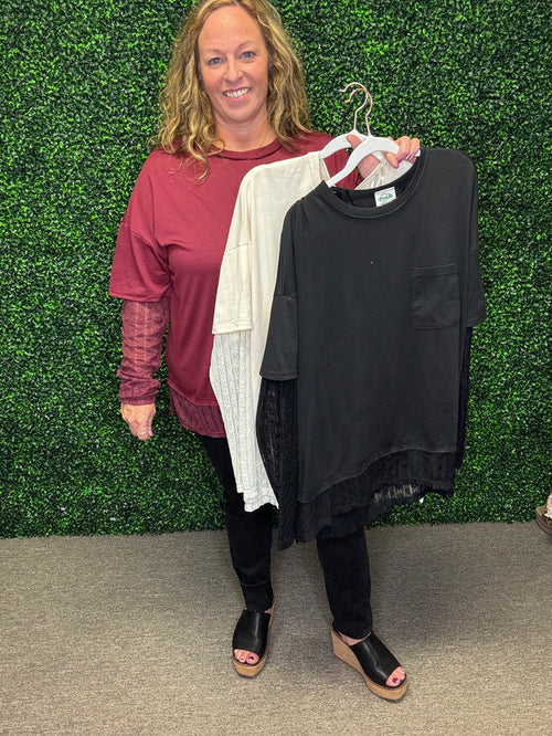 Very J Knit Top with Lace Sleeve